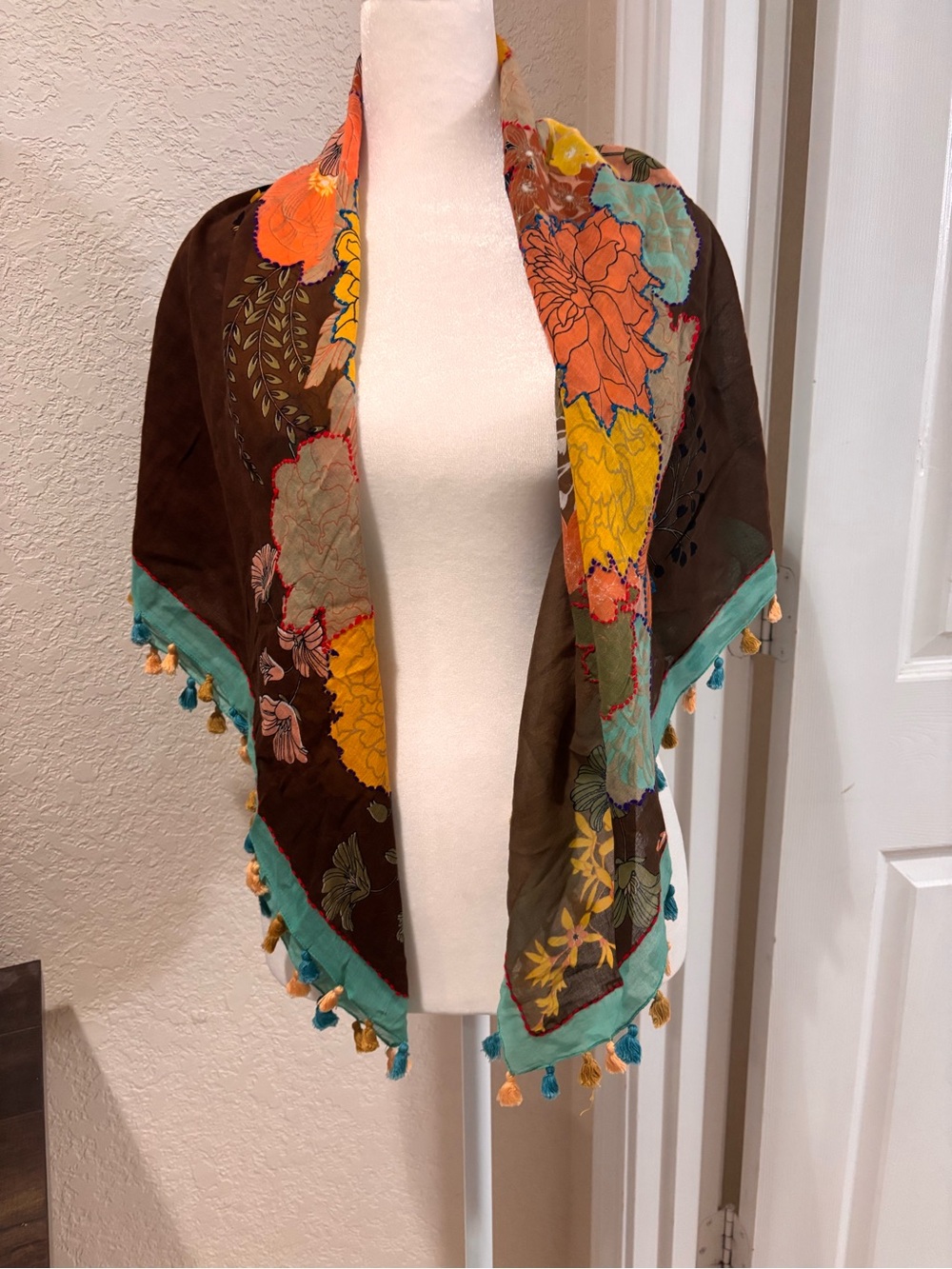 Aratta Brown Floral Tassel Wrap with Teal Trim